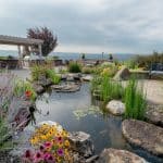 pond off of patio and outdoor living space