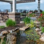 pond with patio and pergola