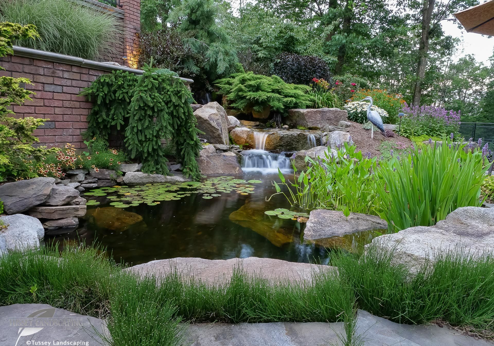 A backyard pond with a waterfall and rocks.
